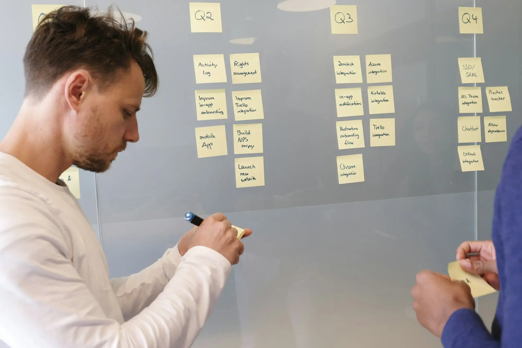 Man planning on a whiteboard covered in sticky notes